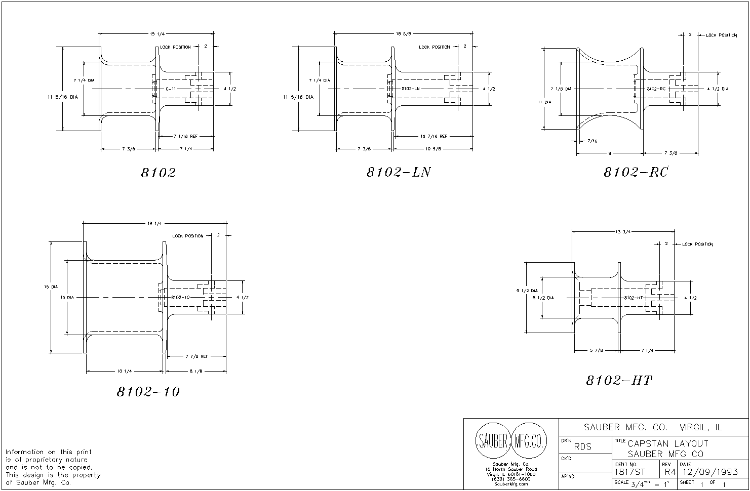 Line drawing showing a variety of Sauber Mfg. Co. Model 8102 Series Almag Capstans and their dimensions.