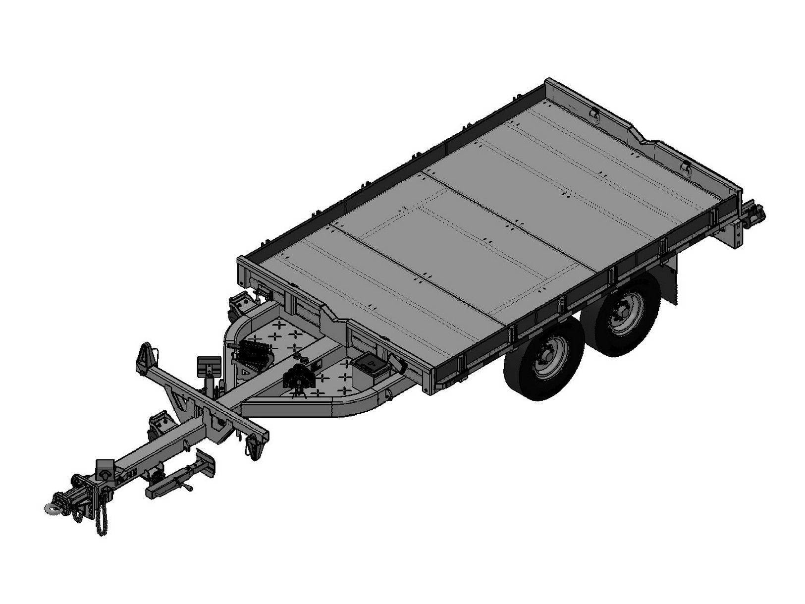 Left front view from above of the three-dimensional drawing of the Sauber Mfg. Co. Model 1599-PRC Pole Cargo Trailer with hot-dipped galvanized finish, heavy duty cargo deck and extendible tongue with hidden wiring and nylon slides.