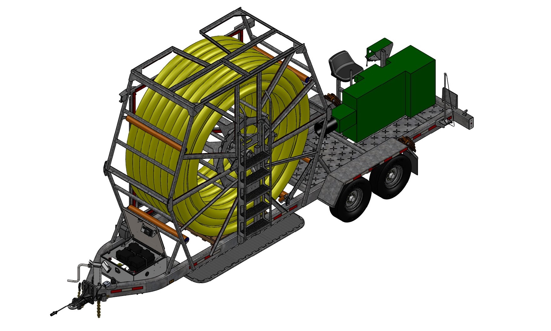 Color three-dimensional rendering of a Sauber Mfg. Co. Model 1599-CDB Large Coil Duct Trailer with SmartPower Box 12VDC Power Source and Linetamer. The image shows the trailer's left side from above at a front three-quarter angle.