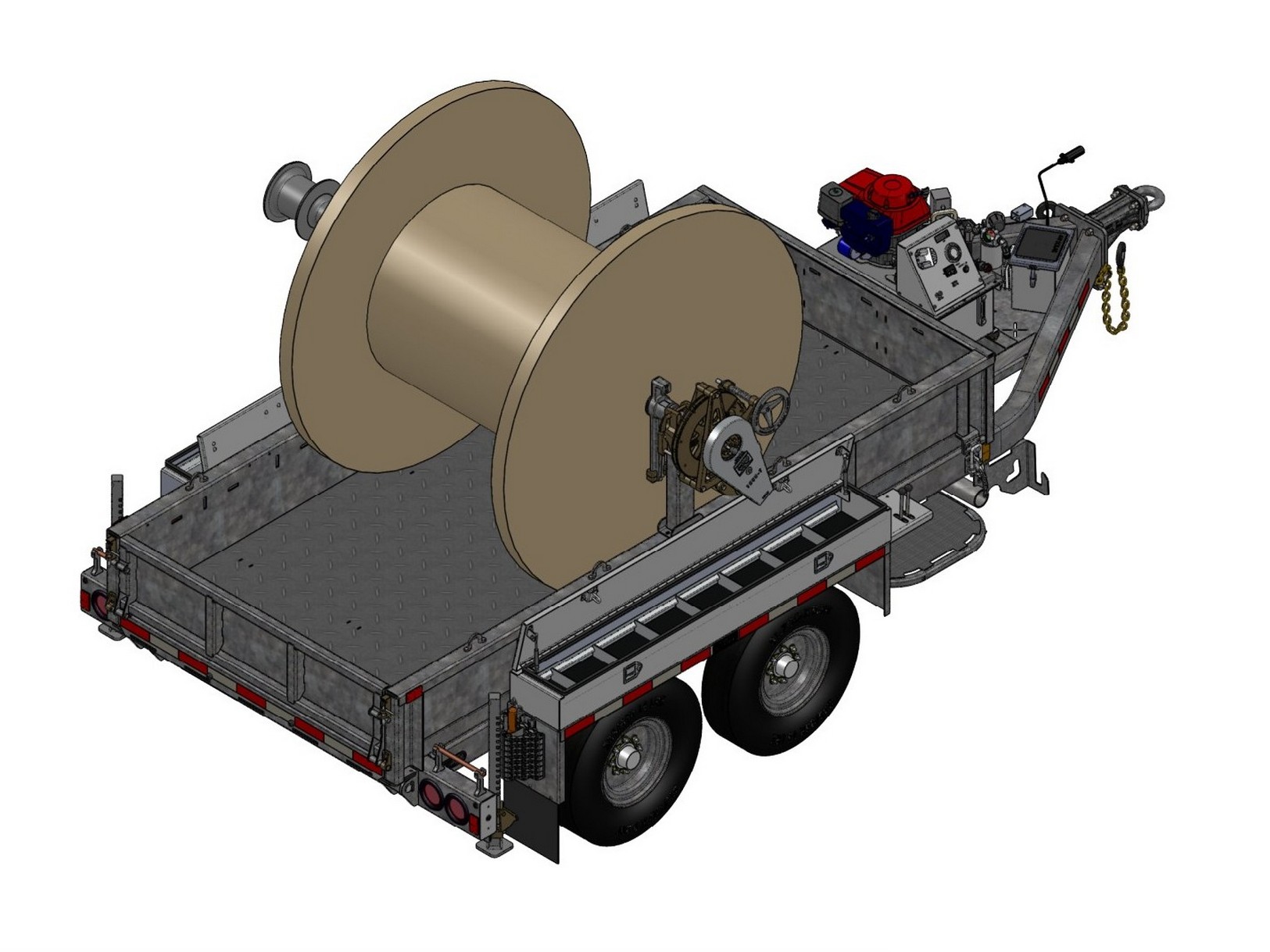 Color, 3D Isometric Solid Model Rendering of Sauber Mfg. Co. Model 1521-RD Reel Dump Trailer from the right side.