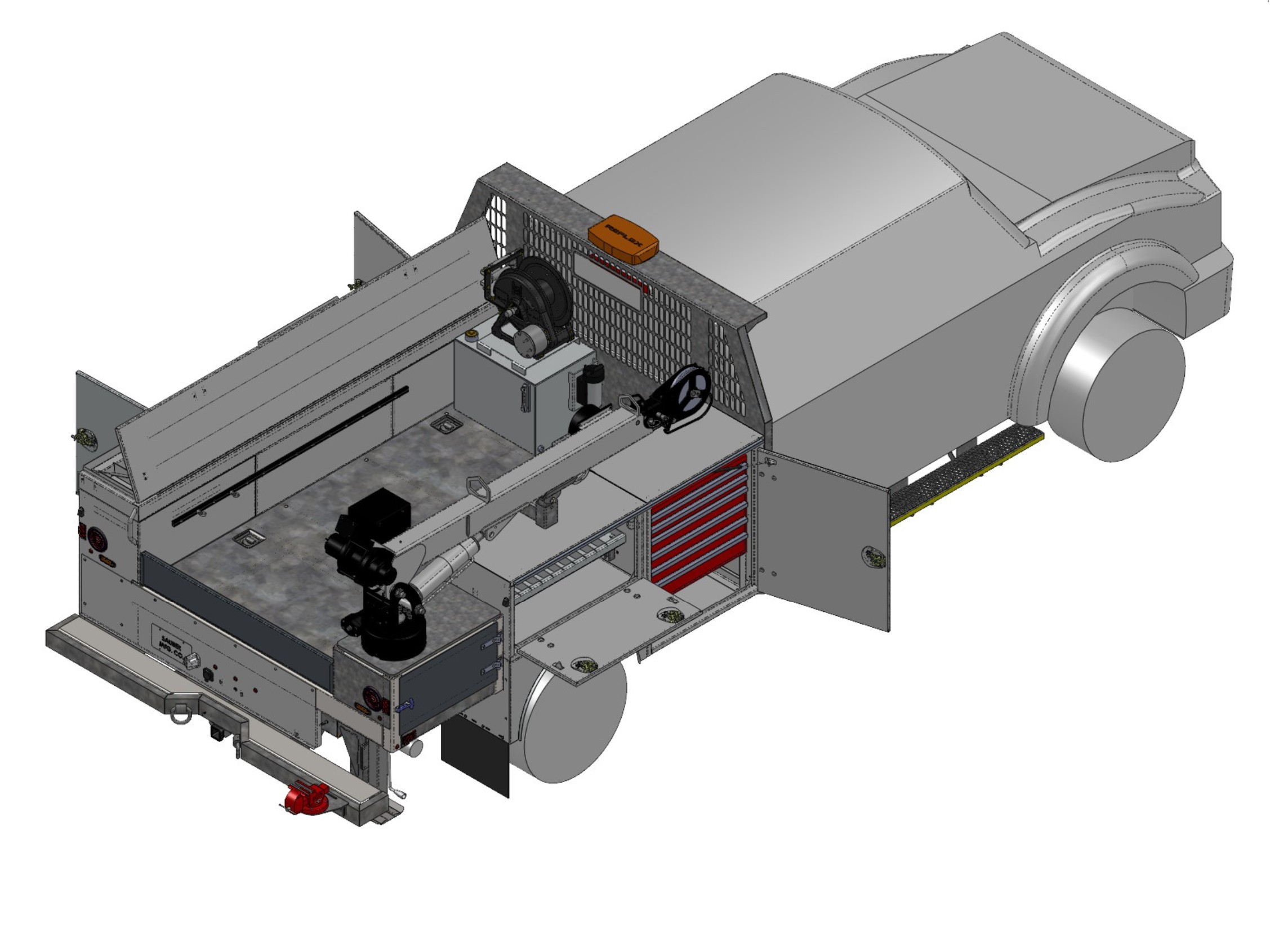 Solid Model Representation of a Sauber Mfg. Co. Component Body with service crane installed at righ rear.