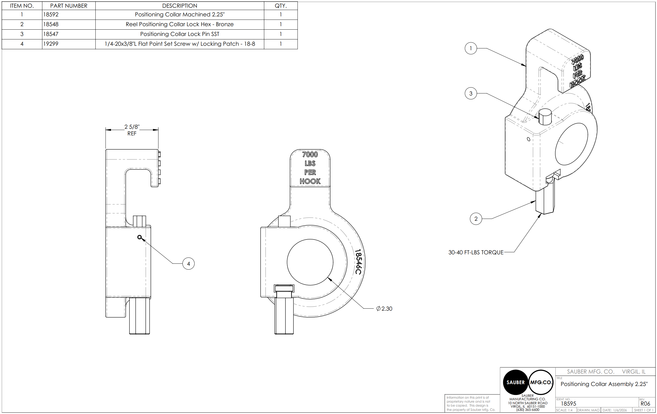 Drawing with parts bill of materials for the Sauber Mfg. Co. 18595 Reel Positioning Collar.
